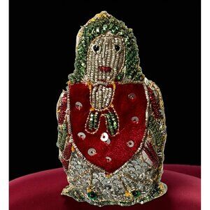 Vintage Beaded Sequin Doll Ornament Red Velvet Silver Christmas Matryoshka Girl